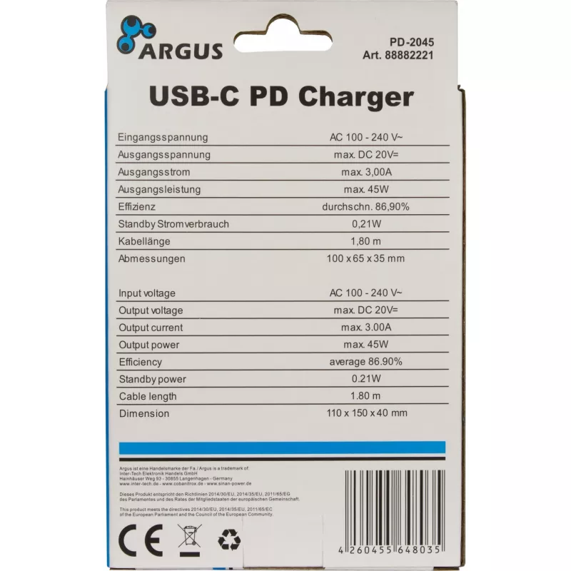 Oplader Inter-Tech PD-2045 universeel zwart AC voor binnen 20V USB-C