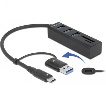 3-poorts USB 3.2 Gen 1-hub + SD- en microSD-kaartlezer met USB Type-C- of USB Type-A-aansluiting, USB-hub