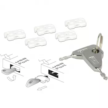 USB-poortblokkeerset voor USB-A-bus, stekslot wit/zilver, 5x USB-poortblokkeerder, 2x sleutel