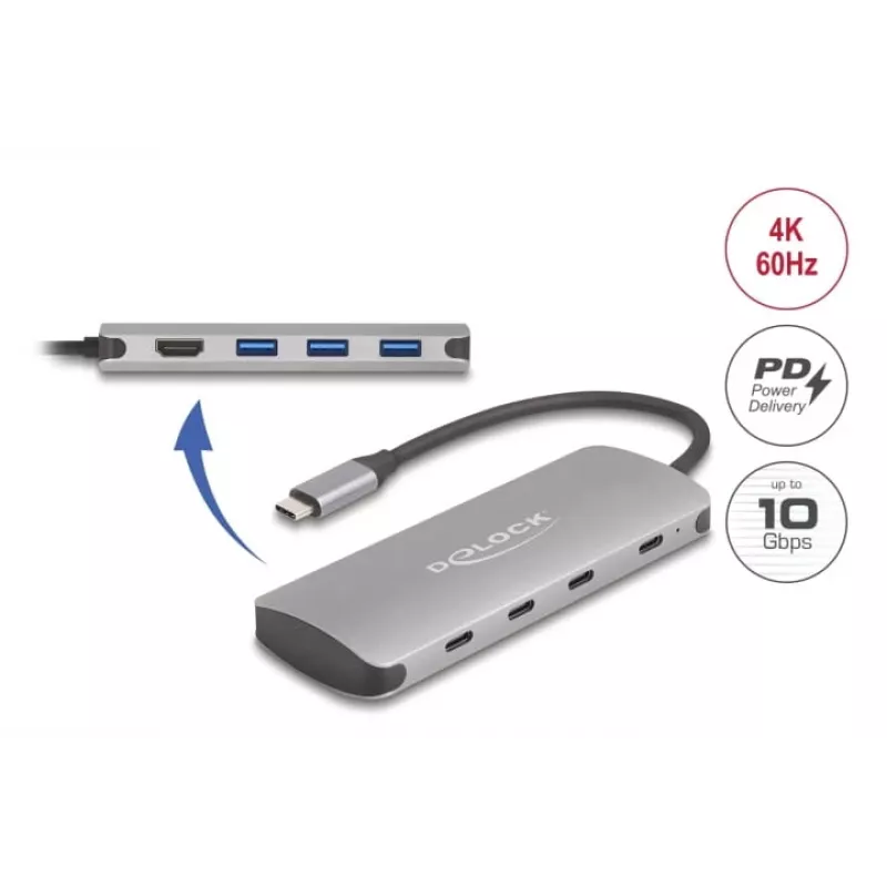 USB-C-hub DELOCK 64323 — USB 3.2 Gen 2 Type-C-host, HDMI + 2× USB-A + 2× USB-C, 10 Gbit/s, grijs