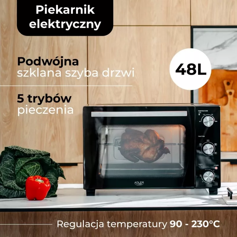Elektrische compacte tafeloven Adler AD 6026 – 48 l inhoud, 1800 W, vrijstaand, mechanische timer