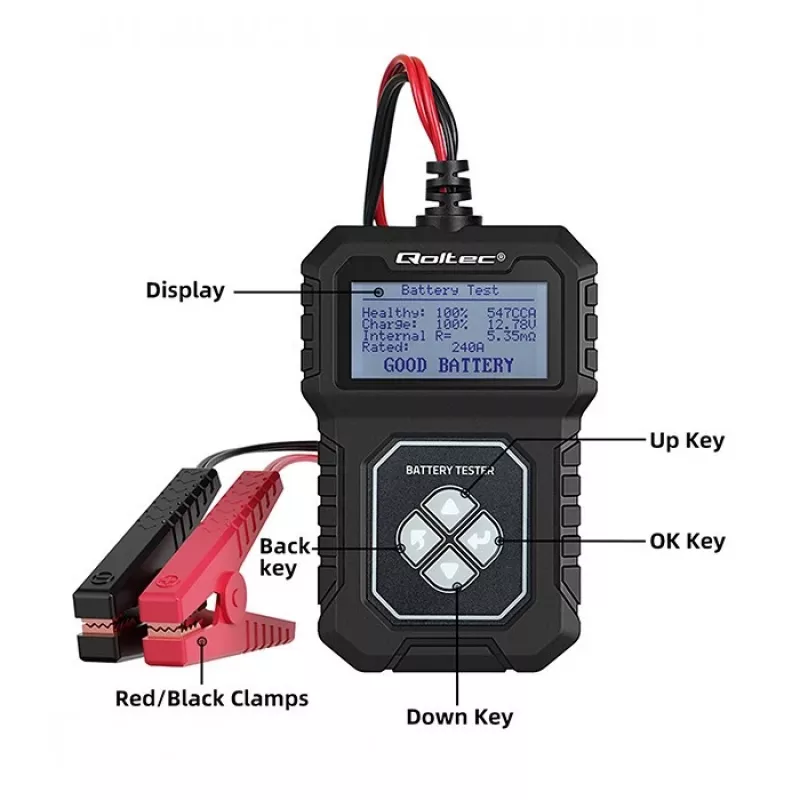 Qoltec Digitale batterijtester met LCD | Pools menu | 12V | AGM | GEL | STD | 30-220AH