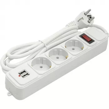 Huishoud-verlengsnoer 1,8 m, 3 stopcontacten + 2 USB, met schakelaar