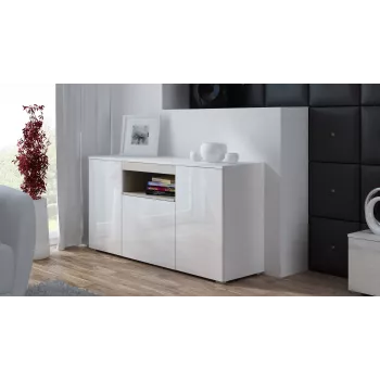 Sideboard Cama Meble VIVA 150 — wit/wit hoogglans en Sonoma eiken, 3 deuren, 5 legplanken, 1500×450×800 mm