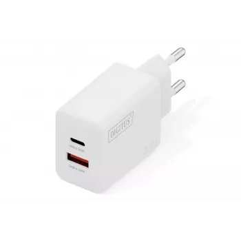 AC indoor USB GaN-oplader DIGITUS DA-10301 — 30W, 1× USB-C, 1× USB-A, 100–240V, wit