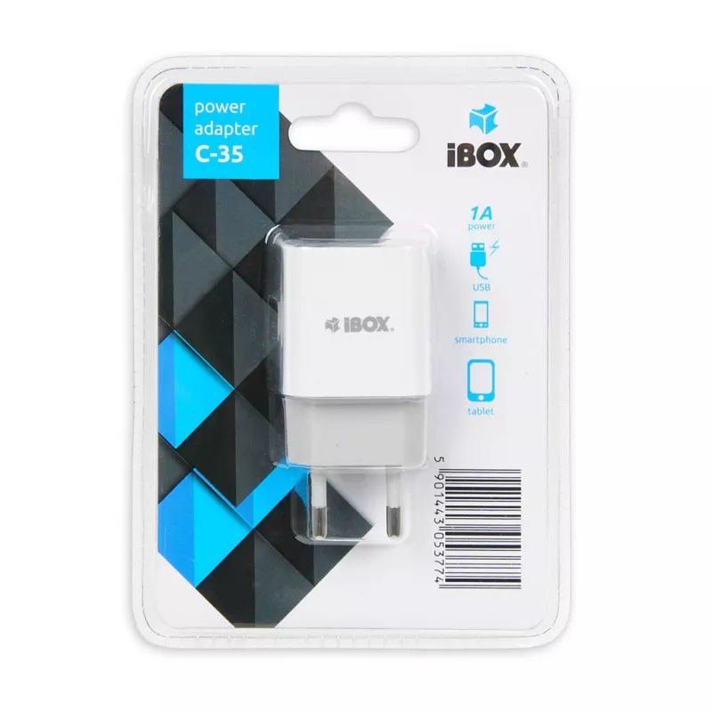 AC indoor oplader IBOX C-35 universeel wit — 5 V max, 0,3 A ingang, 1 A USB-uitgang