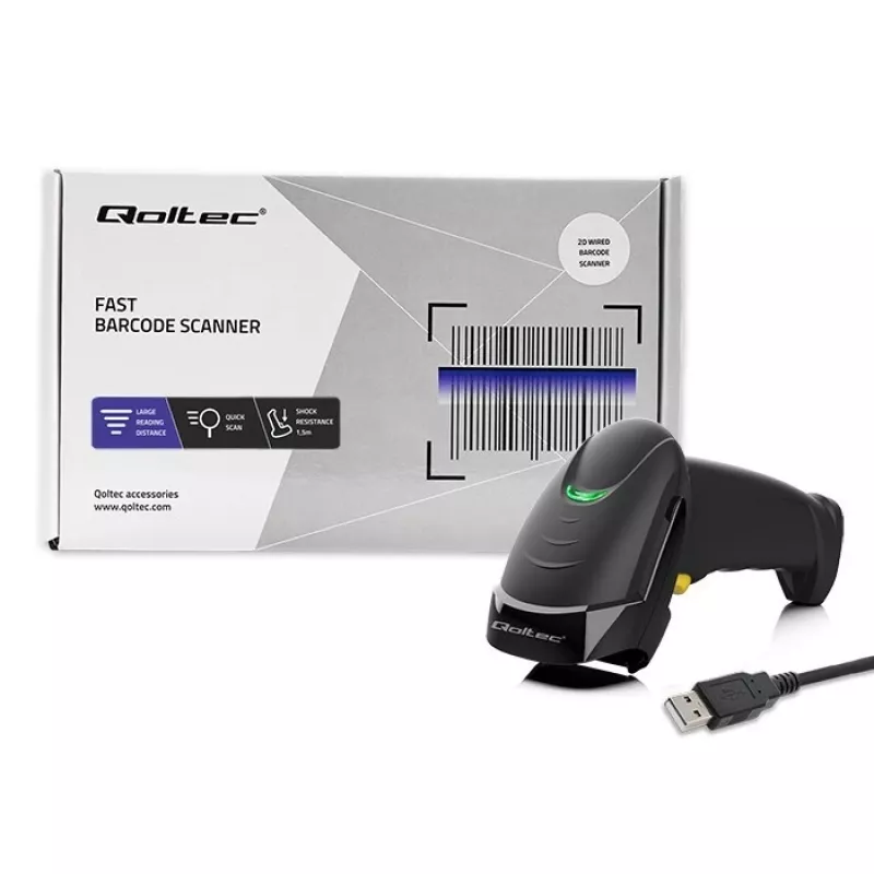 Qoltec 50853 handheld laser-barcodescanner 1D/2D, bedraad USB, 1,65 m kabel, 97x65x167 mm, 105 g, zwart