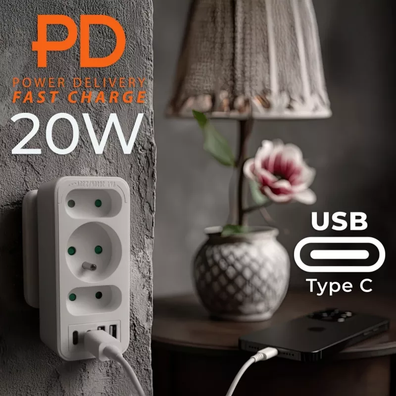 Power splitter MACLEAN MCE248 F/W — 3 AC-stopcontacten (1×16A, 2×6A) + 4×USB (2×A, 2×C PD 20W), EU-stekker, wit