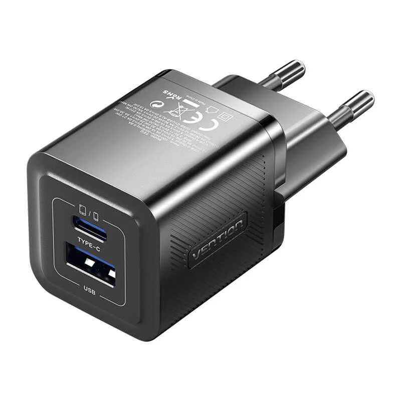 Vention FEQB0-EU indoor AC-snellader 30W, 1x USB-C, zwart — voor smartphone, tablet, smartwatch, koptelefoon