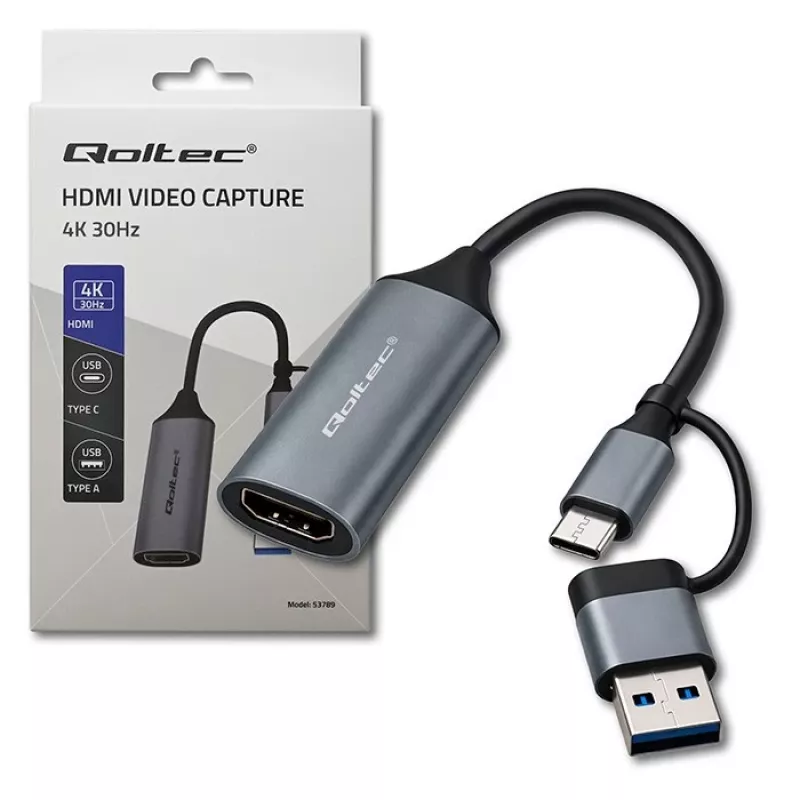 USB-C naar USB-A en HDMI 4K 30Hz adapter QOLTEC van aluminium