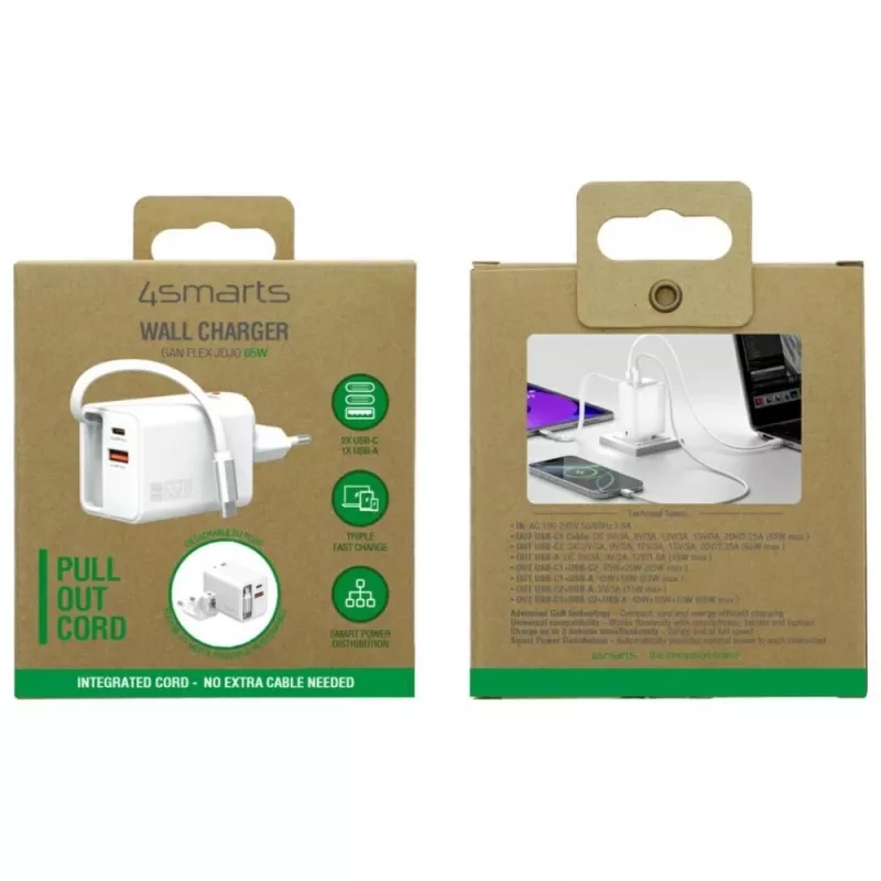 4smarts 541065 GaN Flex Jojo 65W wandlader, 2x USB-C PD + USB-A QC 3.0, intrekbare USB-C-kabel, 100-240V, wit