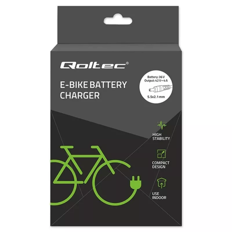 Oplader QOLTEC 36V–42V 4A voor e-bike, DC-stekker 5,5×2,1 mm