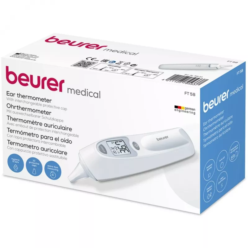 Contact-oorthermometer Beurer FT58 — wit, contactmeting, geheugen, °C/°F, AAA-batterij