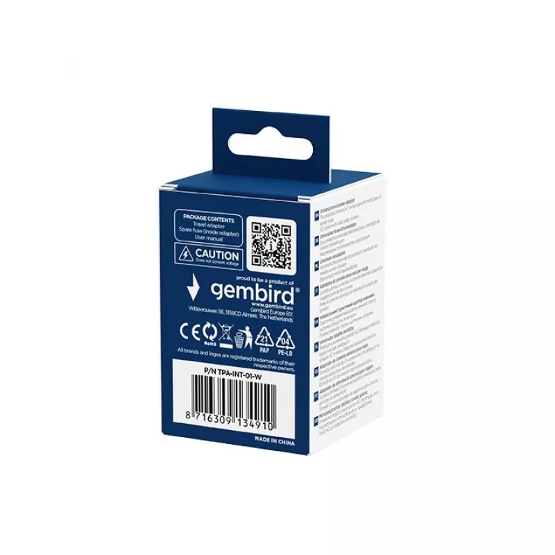 Universele reisadapter GEMBIRD TPA-INT-01-W — ingang 100–250 V, Type-G stekker, compacte afmetingen 84×56×85 mm
