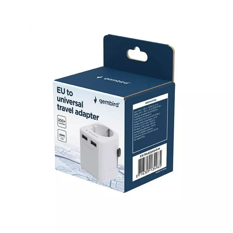 Universele reisadapter GEMBIRD TPA-EU2A12-01-W 12W USB-voeding voor internationale stopcontacten