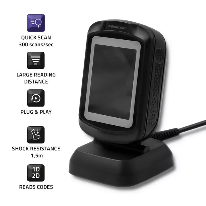 Vaste 1D/2D-barcodescanner QOLTEC 50864, LED-sensor, USB (bekabeld), zwart, 145×85×80 mm