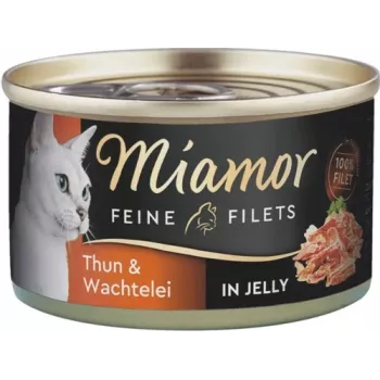 Nathundervoer voor katten Miamor Feine Filets 100 g — kwartel & tonijn, volwassen katten, makkelijk te openen blik