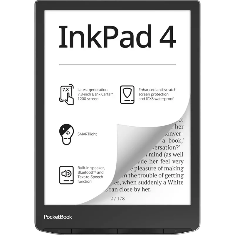 PocketBook InkPad 4 - 19,8 cm (7.8) - E Ink Carta - 1404 x 1872 pixels - ACSM - AZW - AZW3 - CBR - CBZ - CHM - DOC - DOCX - DjVu - EPUB - EPUB DRM - FB2 - FB2.ZIP - HTM - HTML - MOB