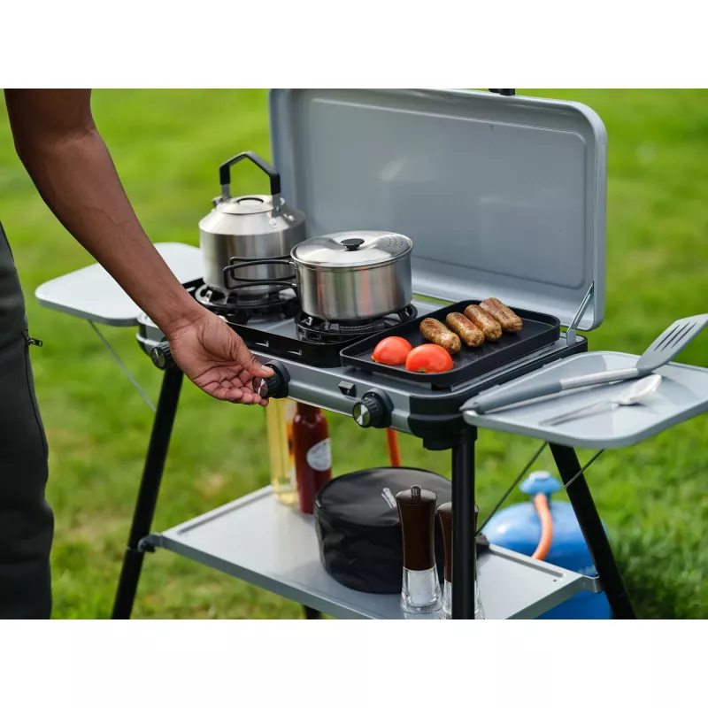 Camping Kitchen 2 Multi Cook Plus, gasstel grijs, 2 kookzones 2x 1,8 kW + grillplaat 0,9 kW, model 2025