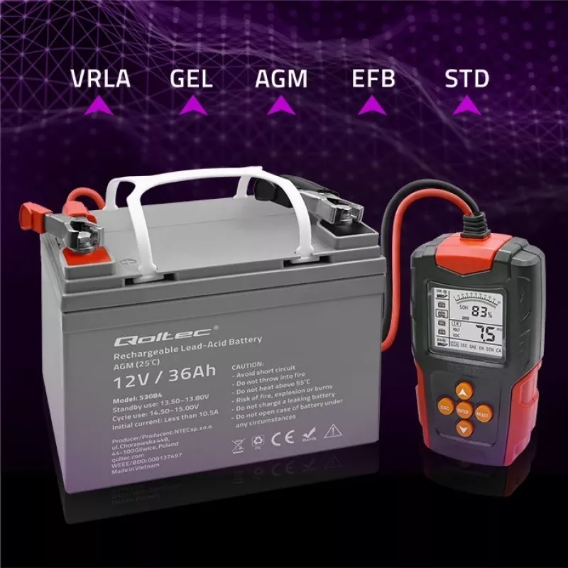 Qoltec 52484 LCD digitale batterijtester | 12V | 24V | 3Ah-200Ah