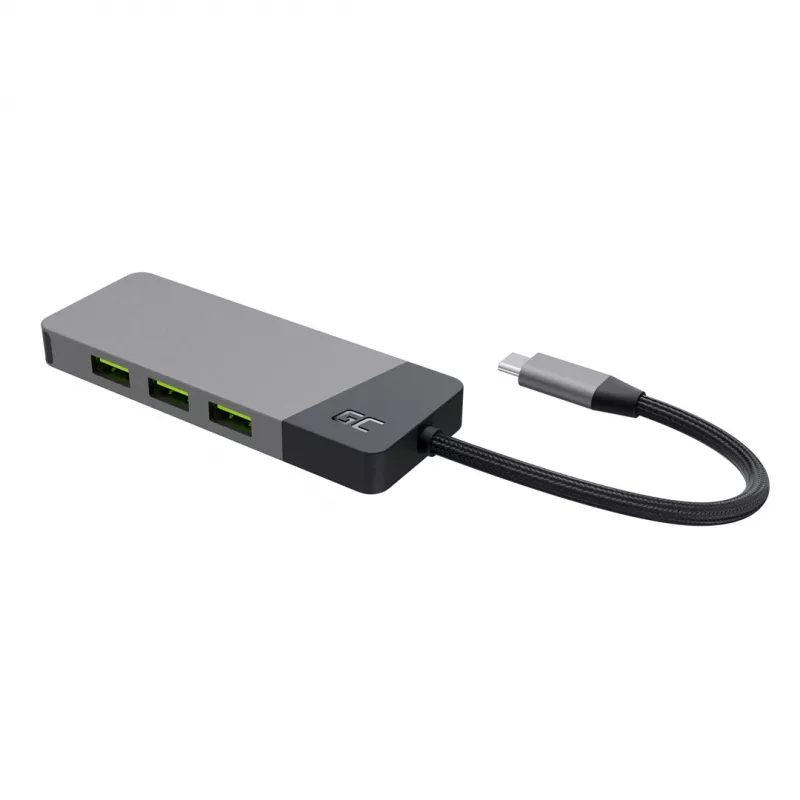 USB Type-C-hub Green Cell HUBGC01 — 7 aansluitingen: 3×USB-A 3.2 Gen 1, 1×USB-C 3.2 Gen 1, HDMI, microSD+SD-kaartlezer — zilver