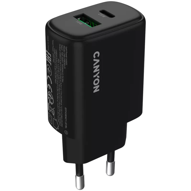CANYON oplader OnCharge 250 25W 1xPD 1xQC EU zwart