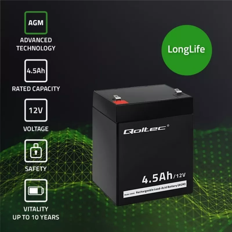 Qoltec 53033 AGM-accu 12 V 4,5 Ah, max. 1,35 A, onderhoudsvrij