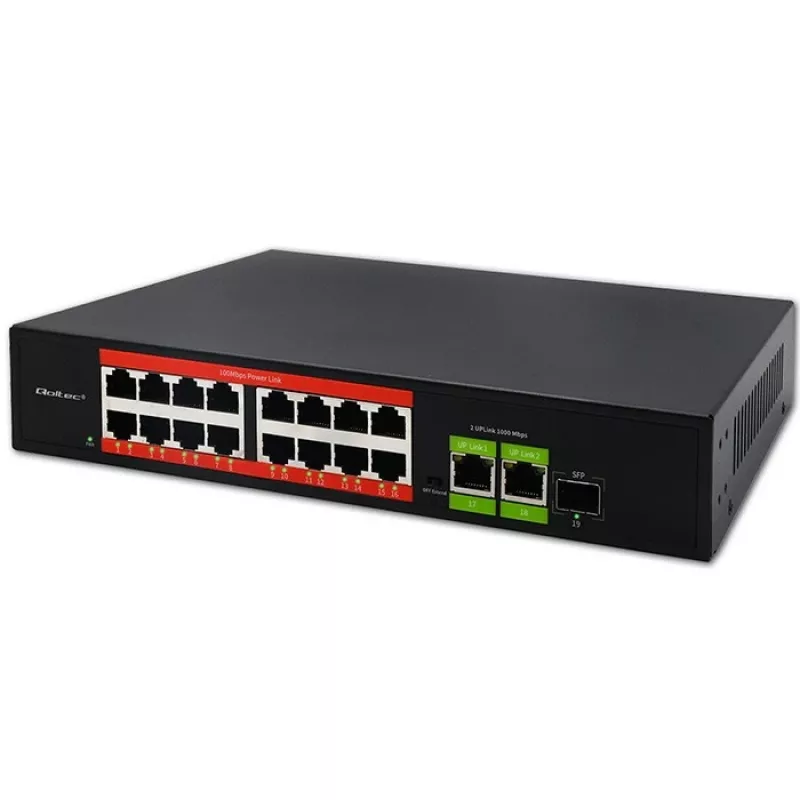 Ethernet PoE-switch QOLTEC 16x RJ45, 2x RJ45 uplink, 1x SFP (MPN 52291)