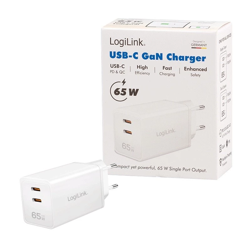 Dubbele USB-stopcontactadapter 65W, 2xUSB-C, wit
