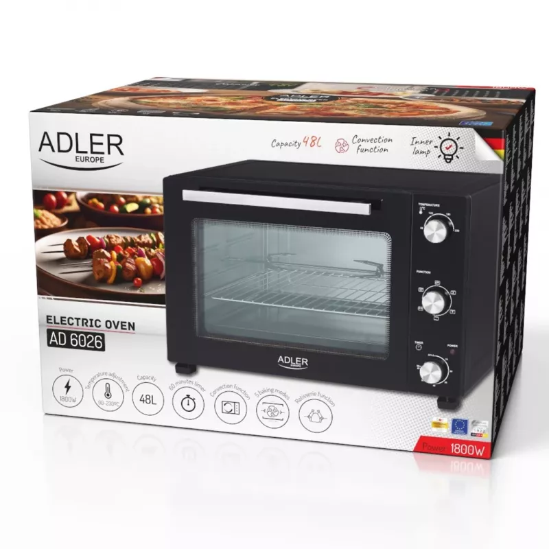 Elektrische compacte tafeloven Adler AD 6026 – 48 l inhoud, 1800 W, vrijstaand, mechanische timer