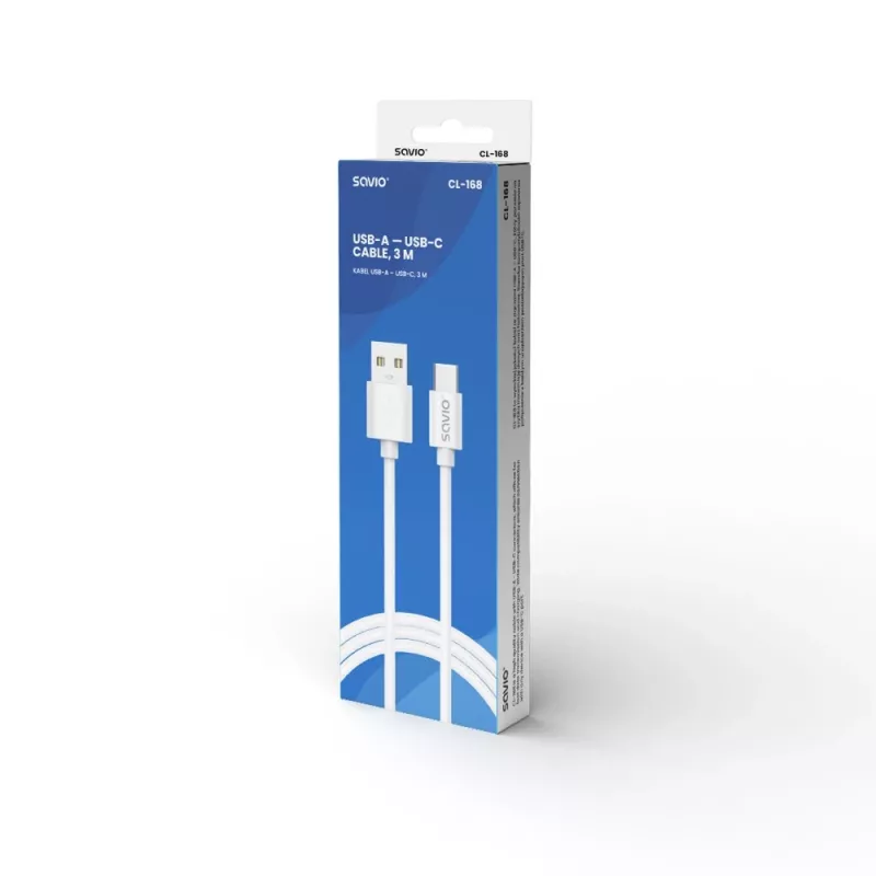 USB 2.0-kabel SAVIO CL-168, USB A (stekker) naar USB C (stekker), 3 m, wit