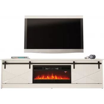Tv-kast met elektrische haard Cama Meble GRANERO model RTV GRANERO + KOM B/B, 200 x 56,7 x 35 cm, wit/hoogglanzend wit, 2 deuren, 2 legplanken, MDF/spaanplaat