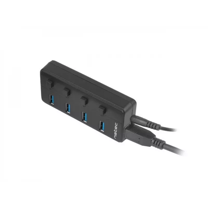Natec Mantis 2 NHU-1557 usb 3.0-hub met 4 poorten, USB Type-B-ingang, aan/uit-schakelaars, netadapter, zwart