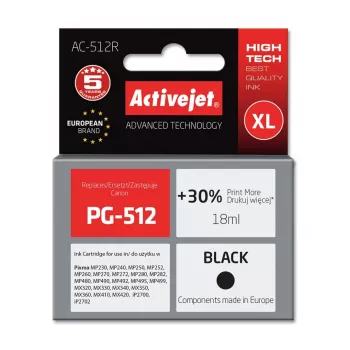 Activejet AC-512R inkt (vervanger voor Canon PG-512; Premium; 18 ml; zwart)
