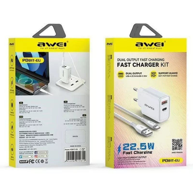 Awei voeding PD81T-EU 22,5W met USB-kabel en USB-C, wit, GaN