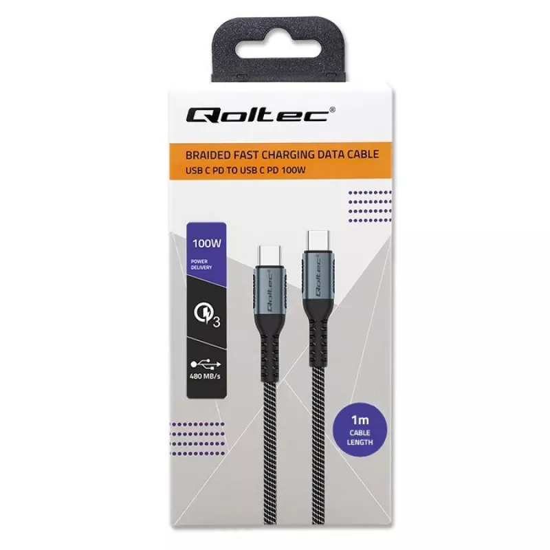 Qoltec kabel USB 2.0 Type-C naar USB 2.0 Type-C 100W QC 3.0 PD 1m zwart