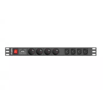 Stroomverdeeleenheid LANBERG PDU-04E04I-0200-IEC-BK — 1U, 4 Type-E-stopcontacten, 2 m kabel, 10 A, 220–250 V