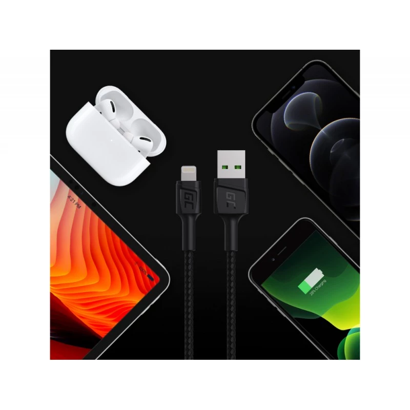Lightning-kabel Green Cell KABGC18 — 2 m, Lightning naar USB-A, zwart