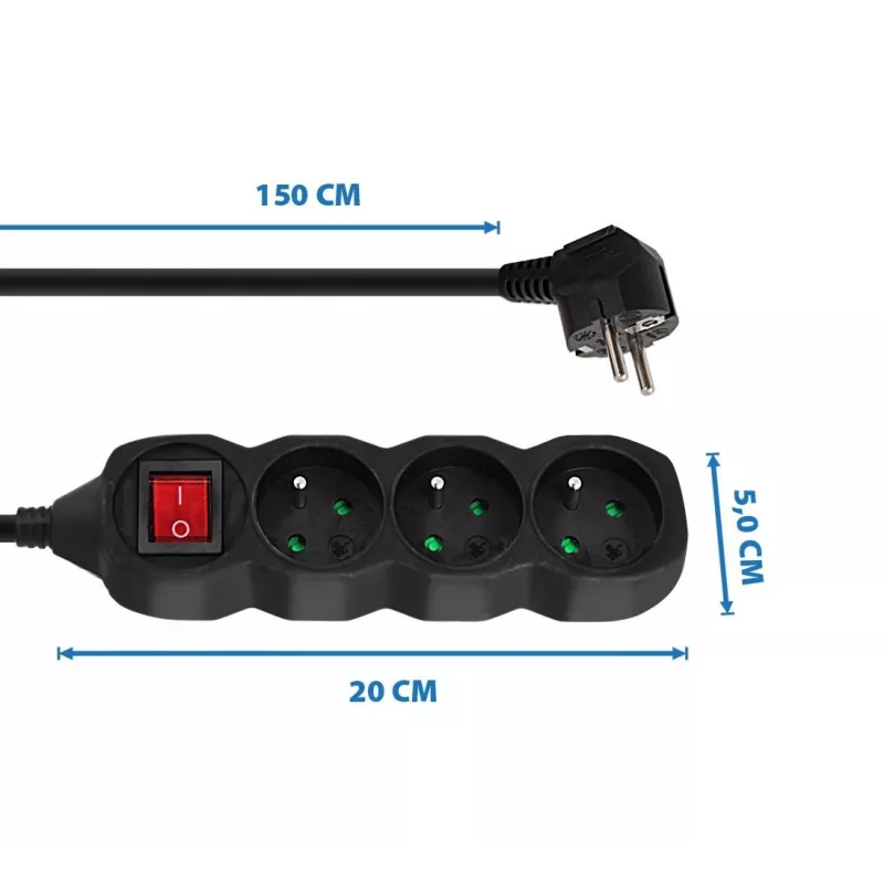 Verlengsnoer ESPERANZA ELK210K — 1,5 m kabel, 3 AC-stopcontacten type E, haakse stekker, binnen, zwart