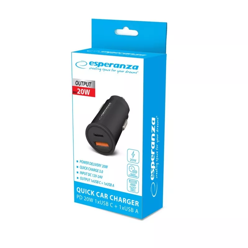 Auto-USB-oplader ESPERANZA EZC111K, 20W (USB-C PD 20W + USB-A QC3.0), 12–24V ingang, zwart