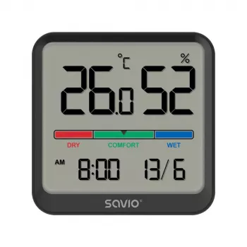 Binnenruimte temperatuur- en vochtigheidssensor SAVIO CT-01/B vrijstaand, LCD, -10–55 °C, 10–99 % rv, CR2032