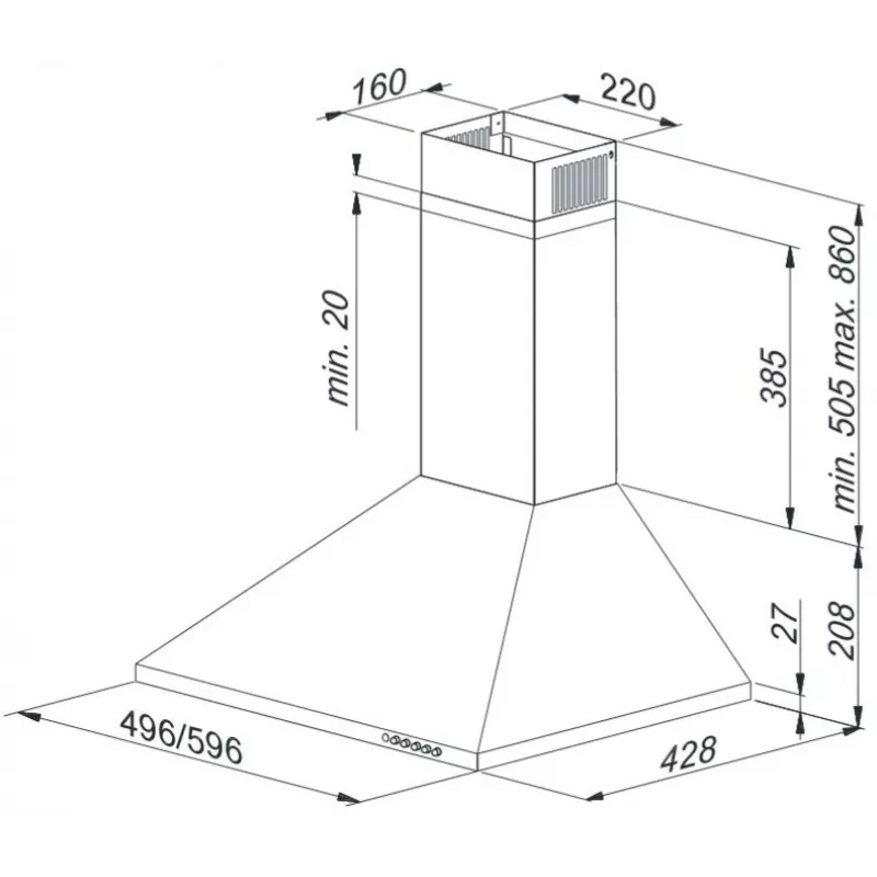 Afzuigkap MAAN VELA 2 50 satin, 496 mm, 3 standen, 315 m³/u, stalen behuizing