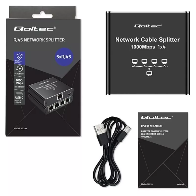 Ethernet mini-switch QOLTEC 52293 1x4 RJ45, unmanaged netwerksplitter 1-in 4-out