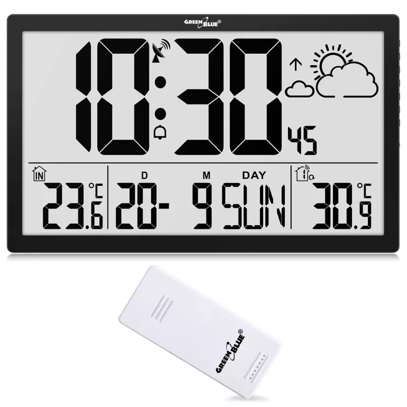 Wandklok GreenBlue GB218 — extra groot LCD, weerstation, binnen-/buitentemperaturen, datumweergave