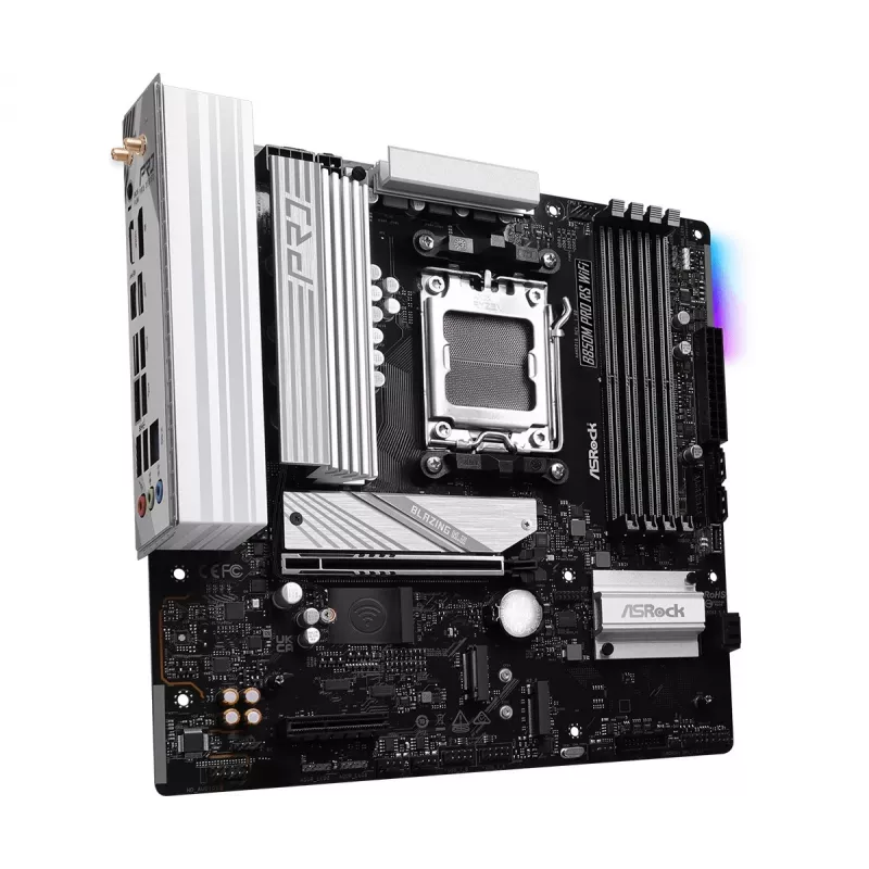 ASRock B850M Pro RS WiFi moederbord — AMD B850, socket AM5, microATX, DDR5, 4 DIMM, 256GB, Wi-Fi 6E, 2.5Gb LAN, 3x M.2