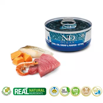 Nattenvoer voor katten Farmina N&D Ocean Kitten tonijn, kabeljauw & garnalen met pompoen 70 g blik
