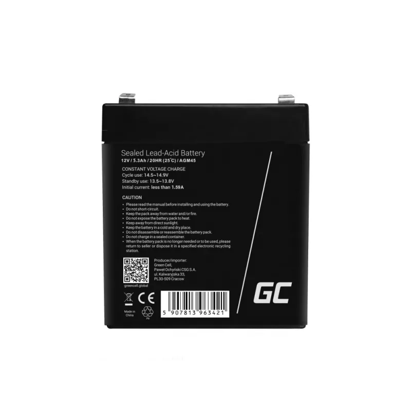Green Cell AGM45 UPS-batterij, verzegelde lood-zuur (VRLA), 12 V, 5,3 Ah
