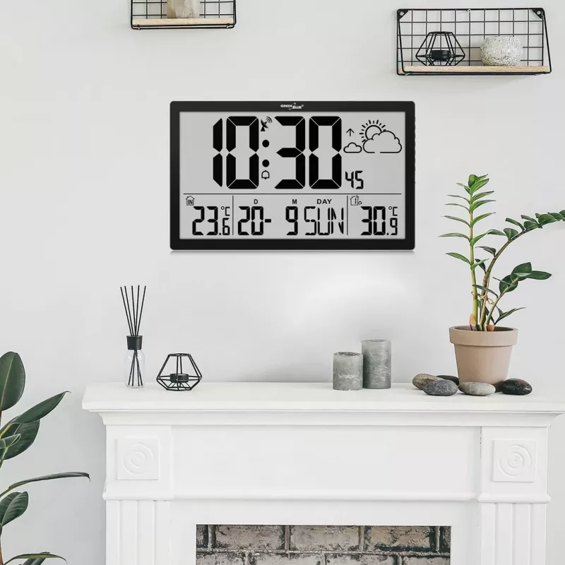 Wandklok GreenBlue GB218 — extra groot LCD, weerstation, binnen-/buitentemperaturen, datumweergave