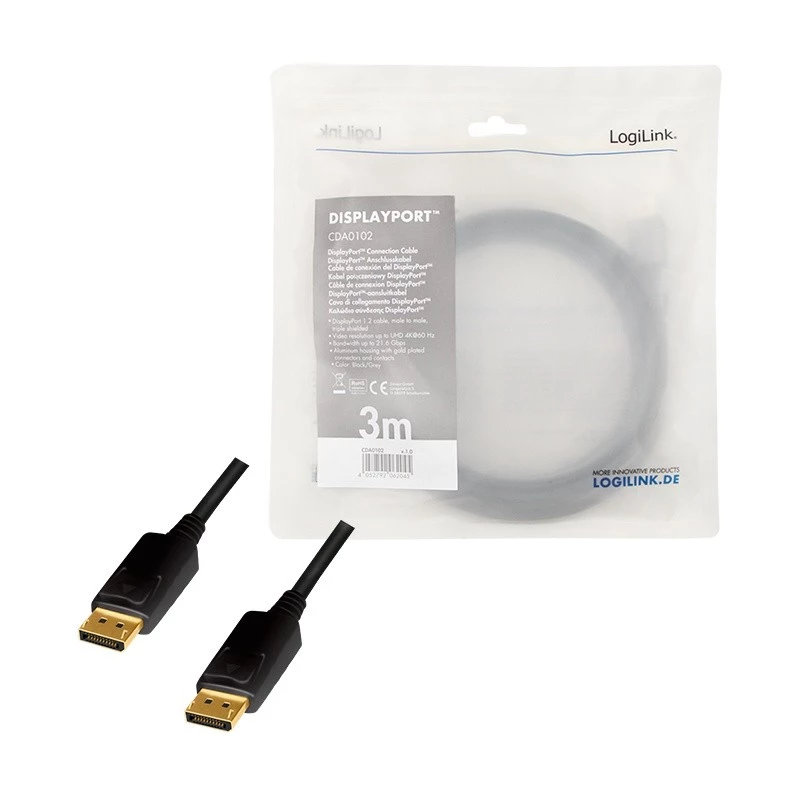 DisplayPort-kabel LogiLink CDA0102 3 m grijs zwart