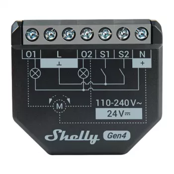 Shelly 2PM Gen4 rolluik-/jaloezieactor 2 kanalen, AC 110–240V, 2,4 GHz Wi‑Fi, 1,4 W, 8000 KB flash